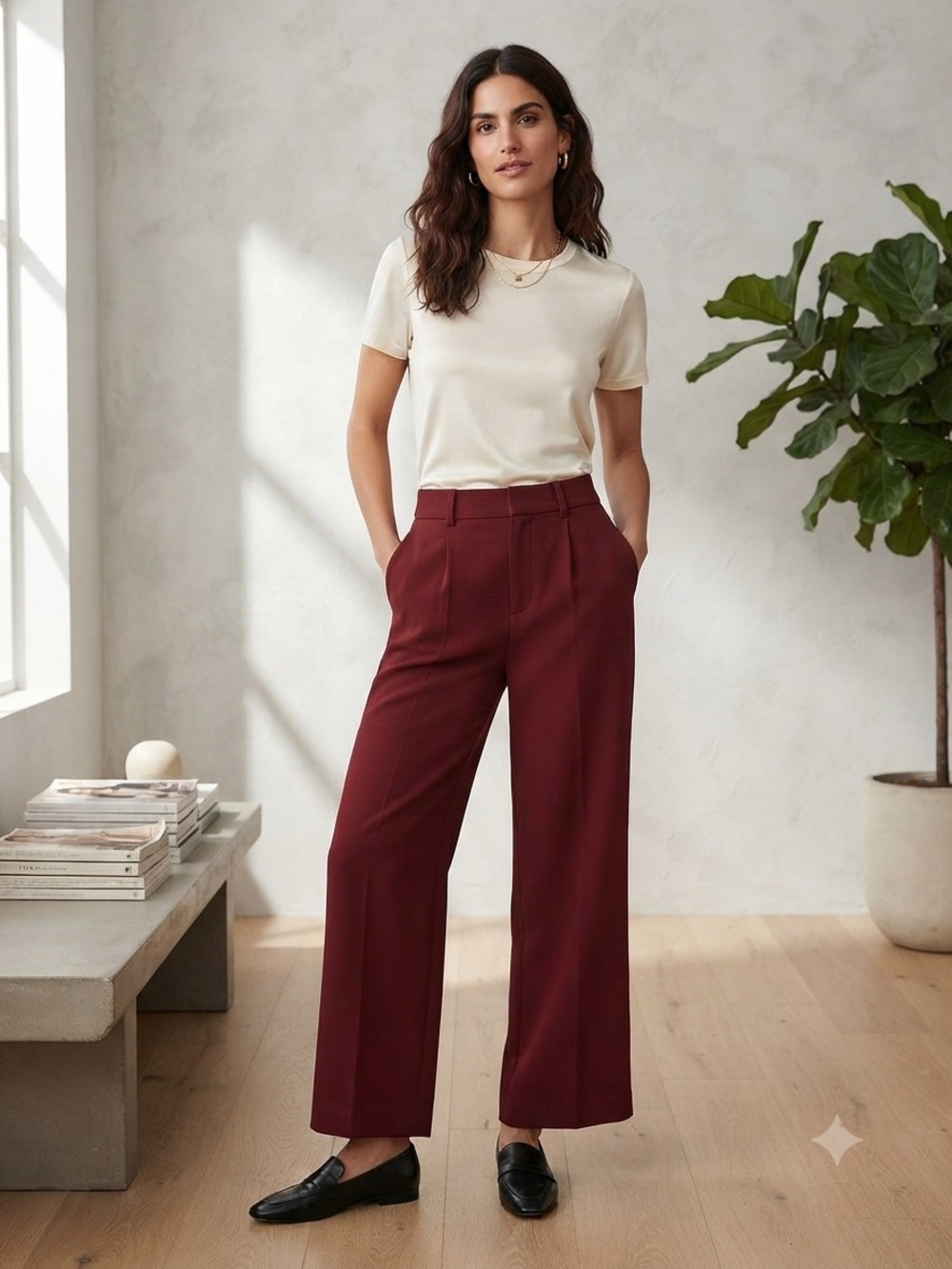 SO Deep Maroon Button-Front High Waist Wide Leg Trousers